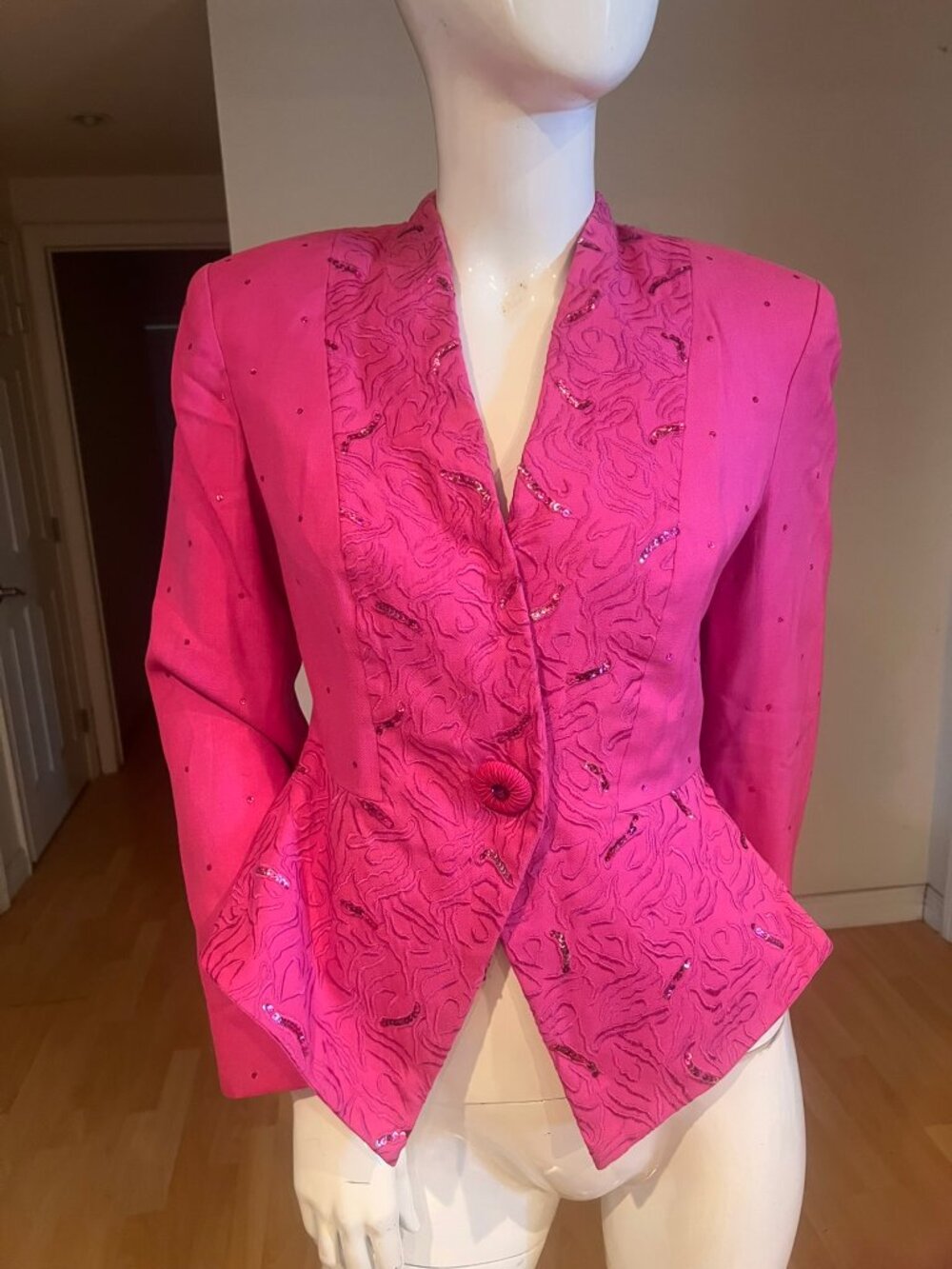 80'S MAGALI COLLECTION FITTED PEPLUM SILK 2 PC SKIRT SET BLAZER SZ 6 PINK